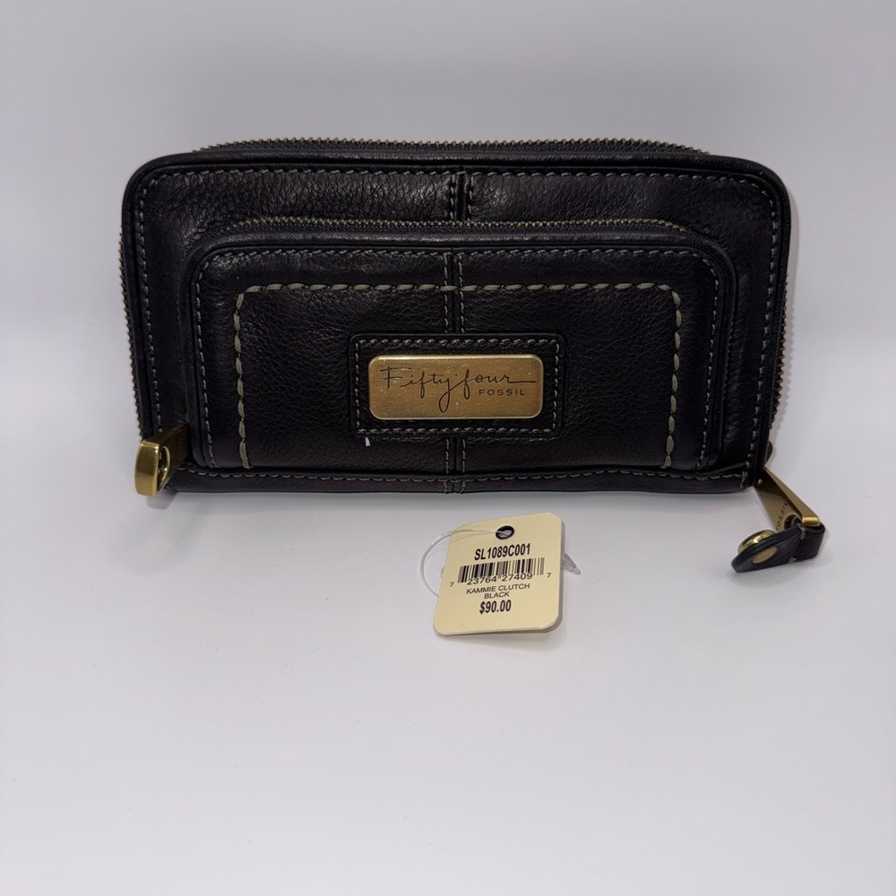 Fossil Black Leather Zip Wallet with Gold Accents